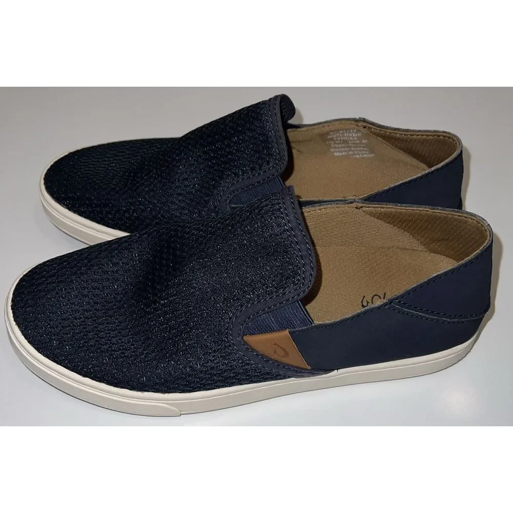 Olukai Pehuea‎ Womens Size 7W Shoes Blue Leather Comfort Slip On Sneakers Casual